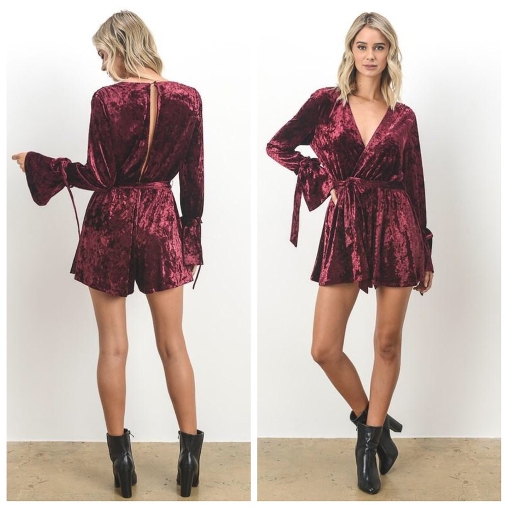 Burgundy crushed velvet robe romper - Picture 2 of 3